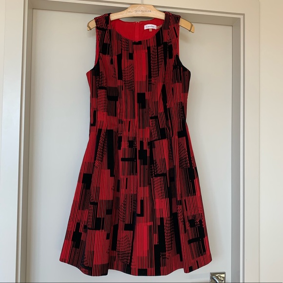 Calvin Klein Fit & Flare Velvet Scuba Dress, Red - Picture 1 of 14